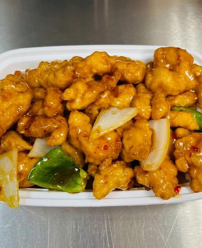 General Tao chicken at Spring Wok Express Stoney Creek - crispy chicken in sweet and spicy sauce